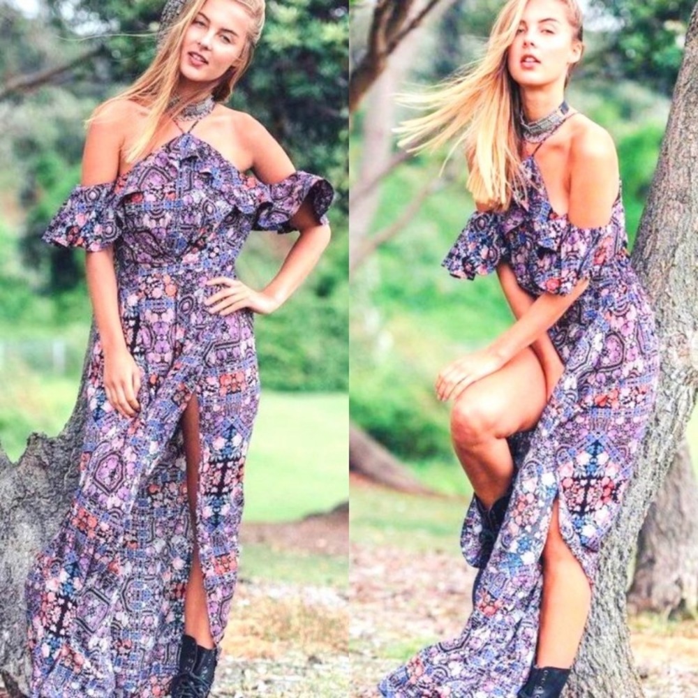 Jaase Cold Shoulder Boho Open Leg Floral Jumpsuit Size M